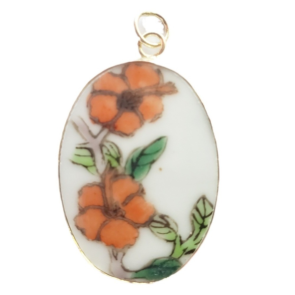 Vintage Hand Painted Orange Hibiscus Porcelain Floral Pendant Oval Pottery Shard